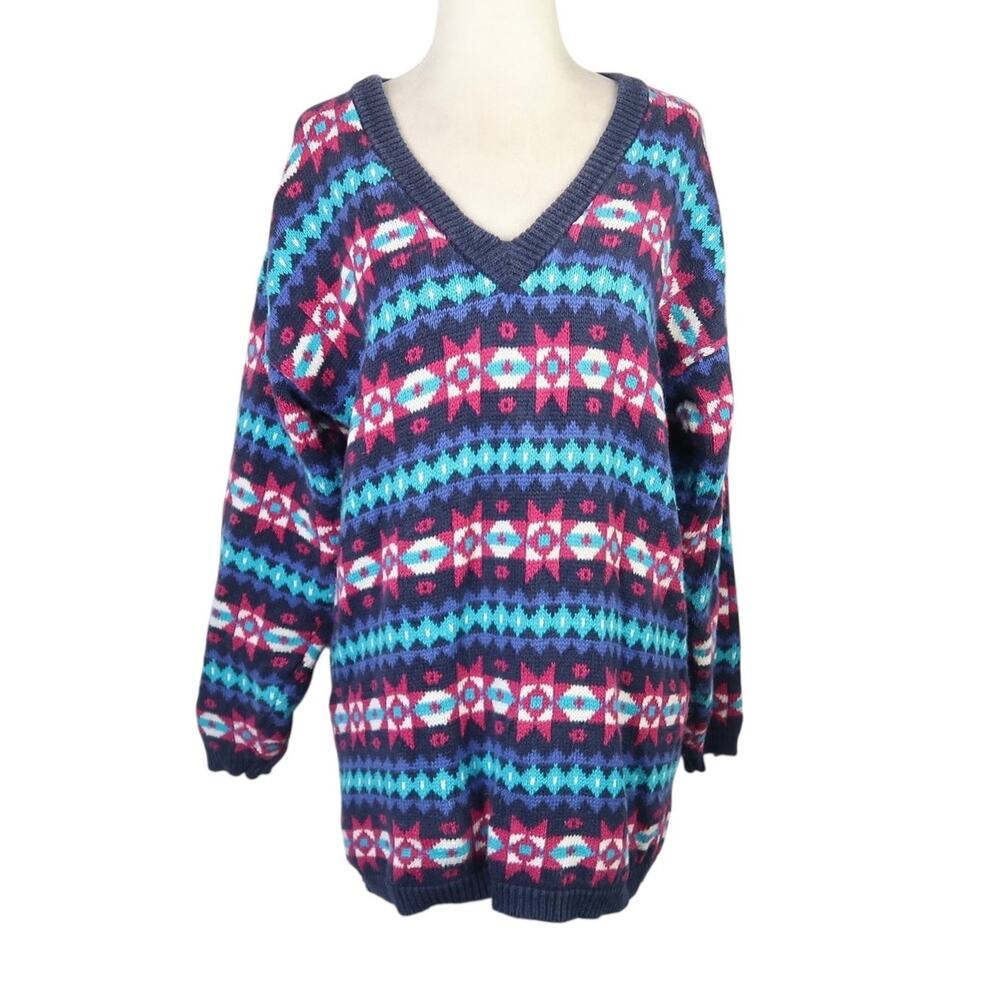 Vintage 90s Brass Plum Navy Blue and Pink Geometric Cotton Sweater M